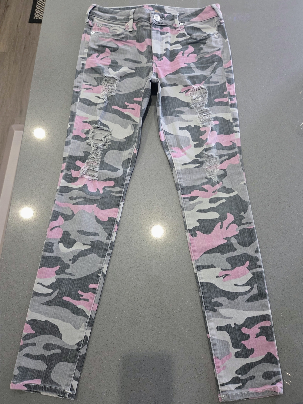 True Religion Pink & Gray Camo Distressed Skinny Jeans